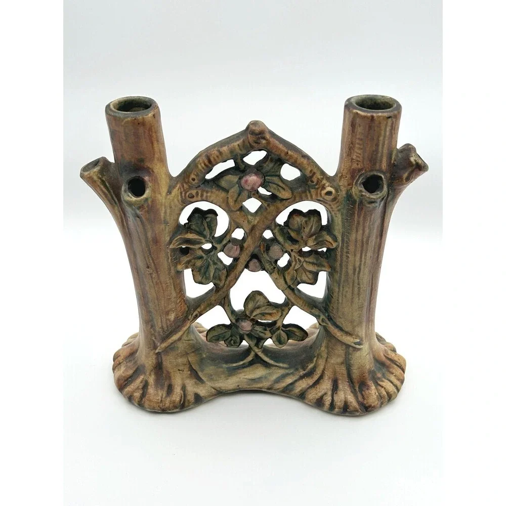 Antique Weller Woodcraft Double Bud Vase 8